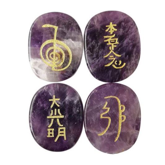 Piedras Amatistas con símbolos Reiki